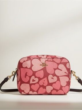 Coach Heart Print Crossbody Camera Bag Pink Red Valentine Style Gold Hardware